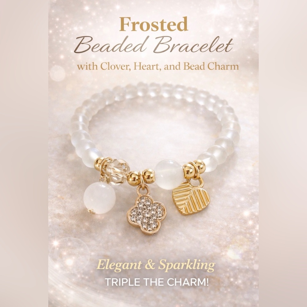 Gold-Accent Glass Frosted White Beaded Bracelet with Clover & Heart Charms